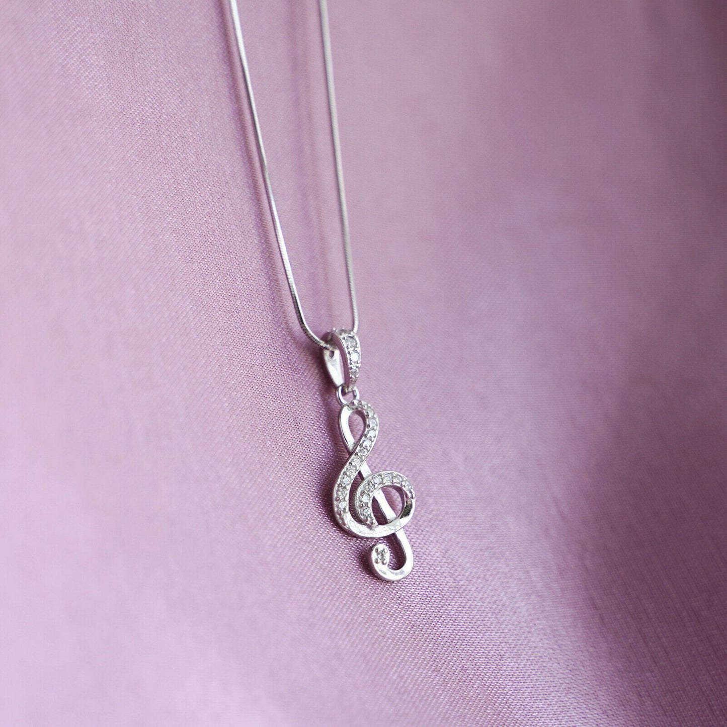 Sterling Silver CZ Treble Clef Necklace with G Music Note Pendant - sugarkittenlondon