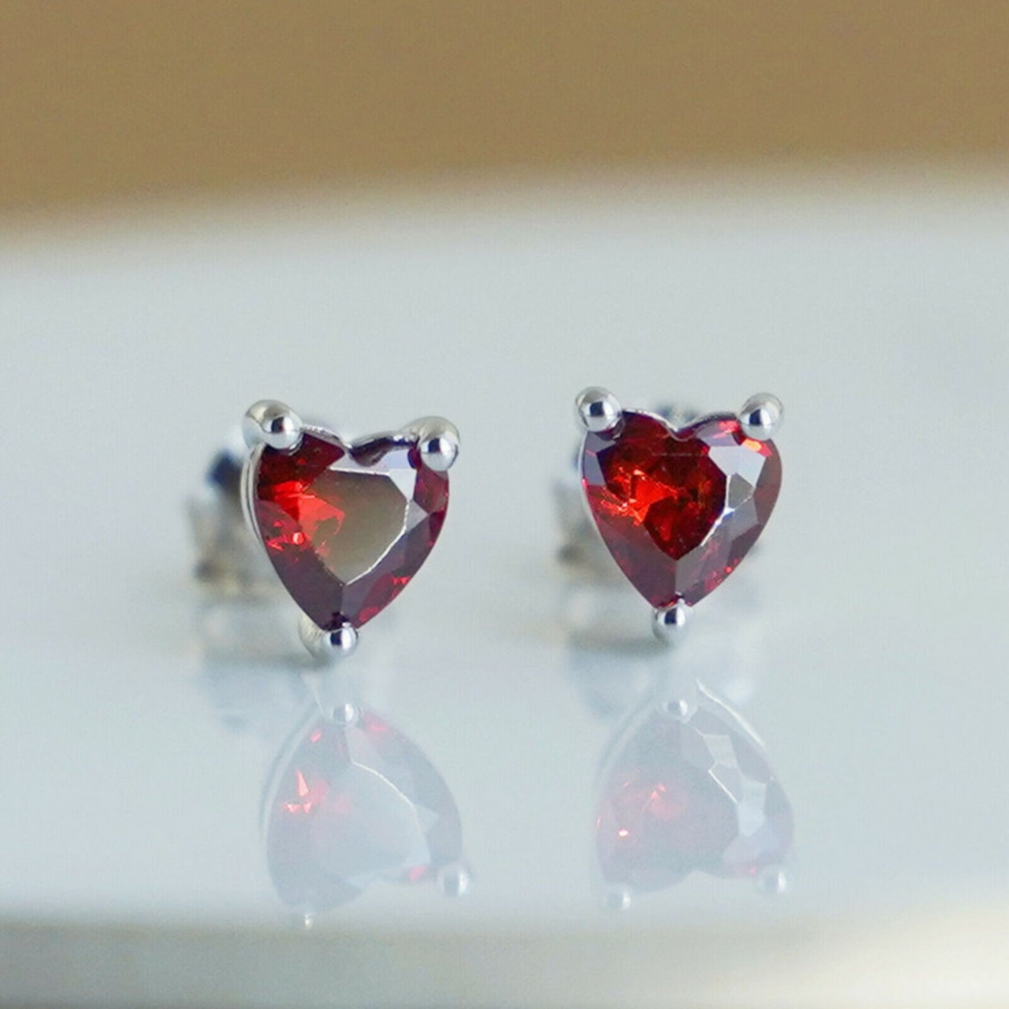 Sterling Silver Red Garnet Cut CZ Heart Shaped Stud Earrings Jewellery - sugarkittenlondon