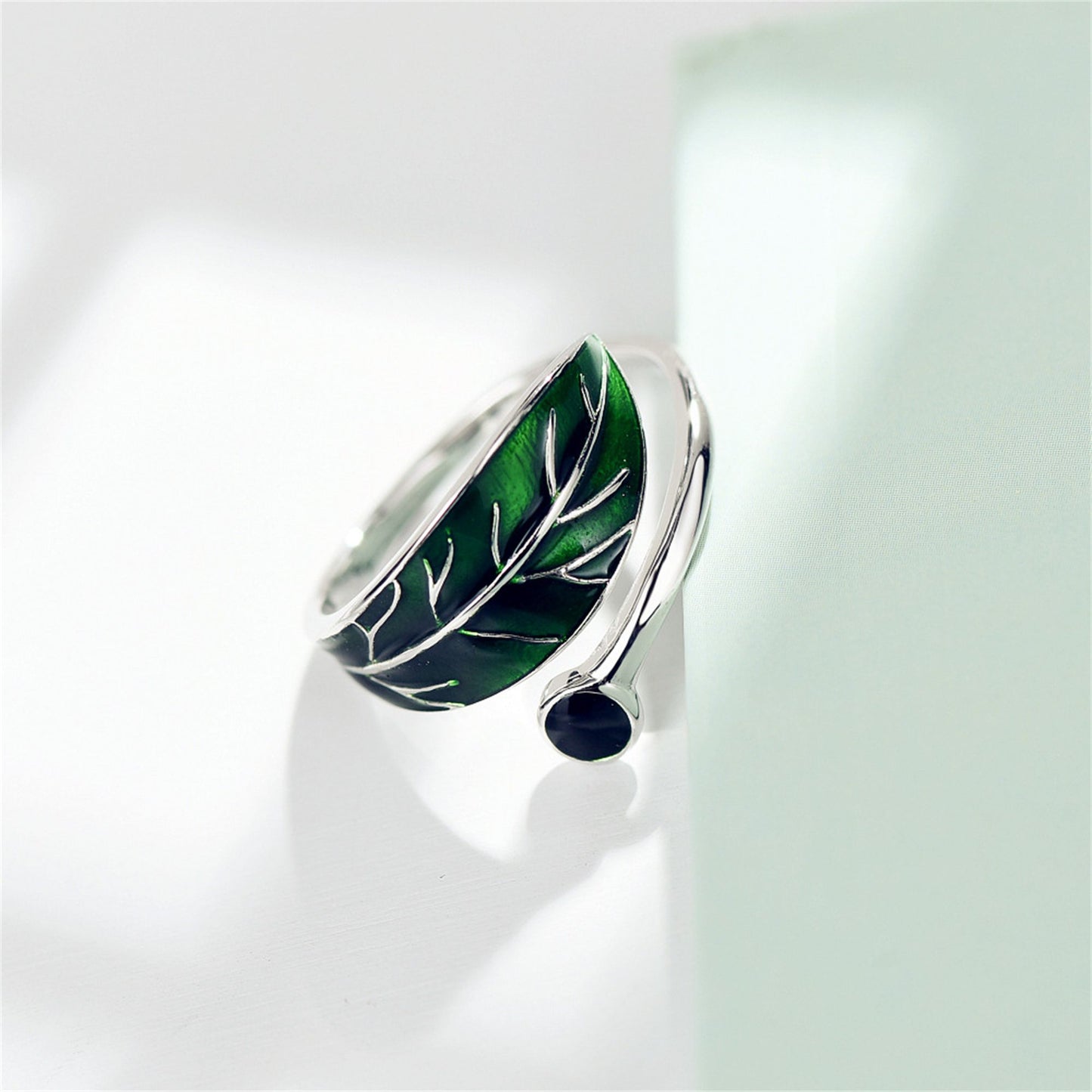 Sterling Silver Glazed Green Tree Leaf Dot Wrap Open Band Ring - sugarkittenlondon