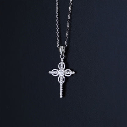 Sterling Silver Thin Paved CZ Ribbon Cross Bezel CZ Centre Pendant Necklace - sugarkittenlondon