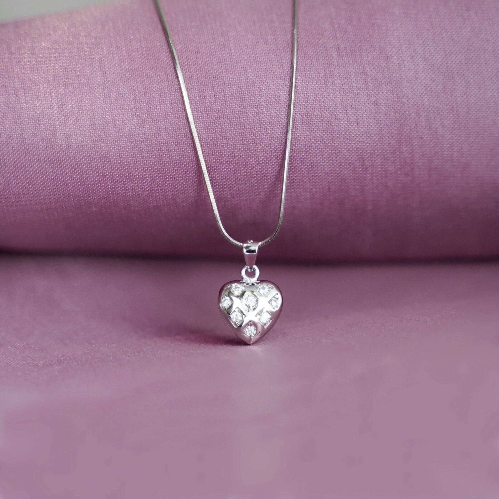 Sterling Silver Puffy Love Heart Crystal CZ Pendant Necklace Jewellery Boxed - sugarkittenlondon