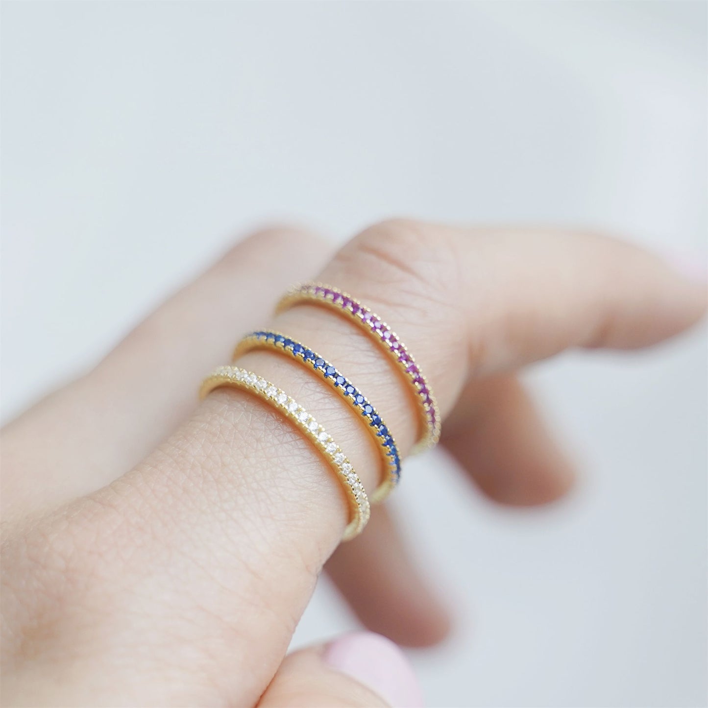 14K Gold Sterling Silver CZ Eternity Ring in White, Magenta, and Navy - sugarkittenlondon