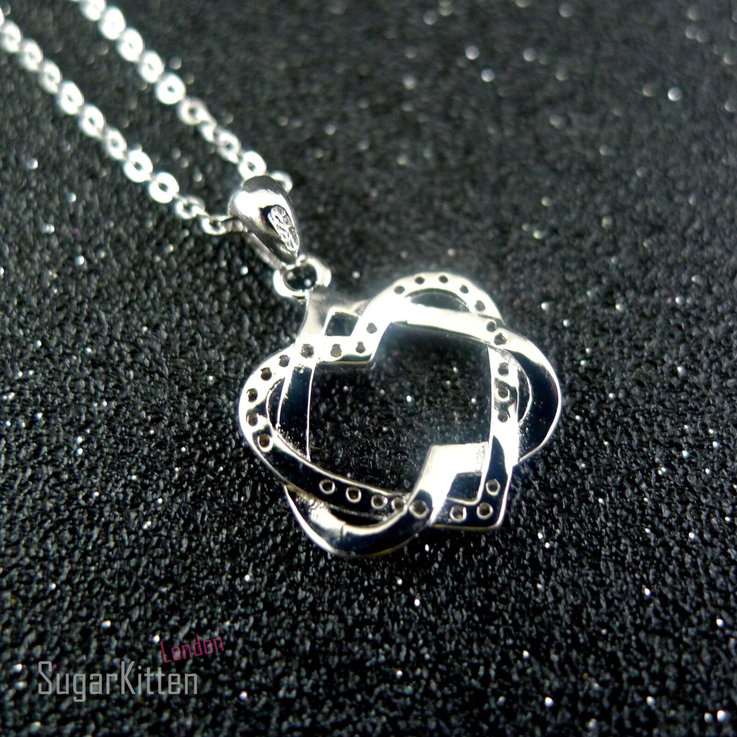 Sterling Silver CZ Double Floating Twisted Knot Love Heart Necklace Infinite - sugarkittenlondon