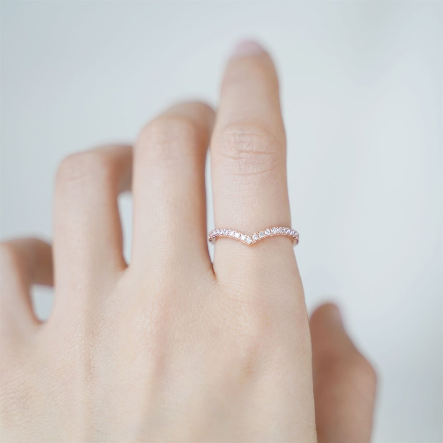 Rose Gold on Sterling Silver Wishbone Chevron Half Eternity 1.5mm Pave CZ Ring - sugarkittenlondon