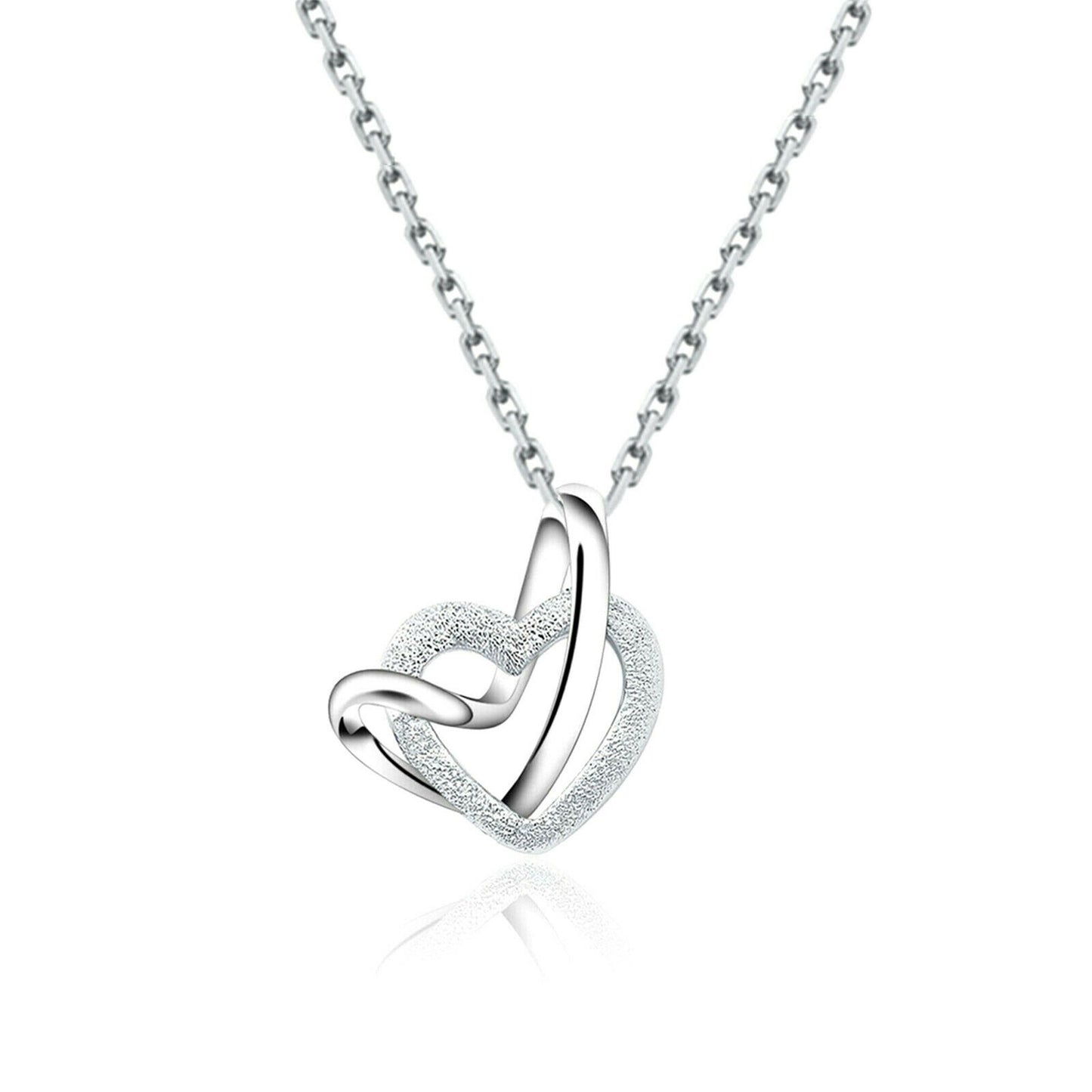 Sterling Silver Love Knot Necklace with Floating Sandblasted Heart Charm - sugarkittenlondon