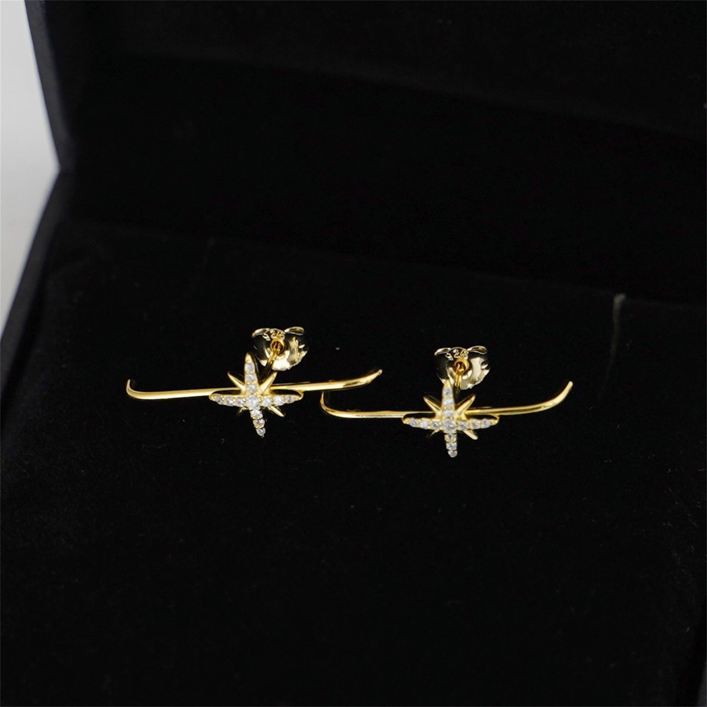 18K Gold on Sterling Silver North Pole Star CZ Suspender Bar Cuff Stud Earrings