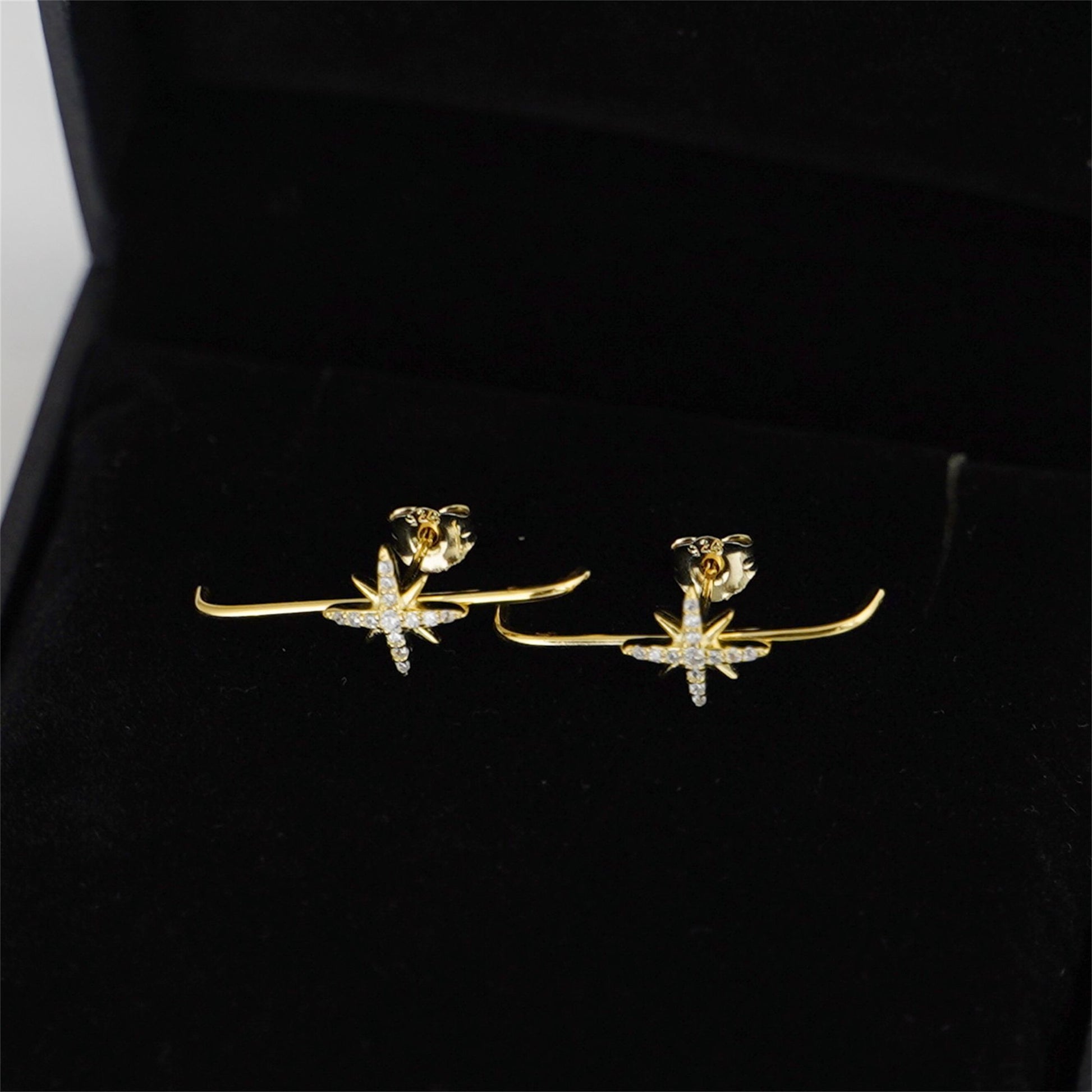 18K Gold on Sterling Silver North Pole Star CZ Suspender Bar Cuff Stud Earrings - sugarkittenlondon