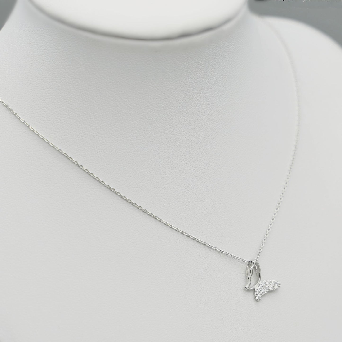 Sterling Silver Butterfly Necklace with Pave CZ Crystals and Rhodium Plating - sugarkittenlondon