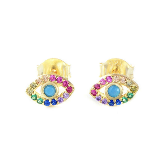 Sterling Silver Evil Eye Stud Earrings with 14K Gold Plating, Rainbow CZ and Turquoise