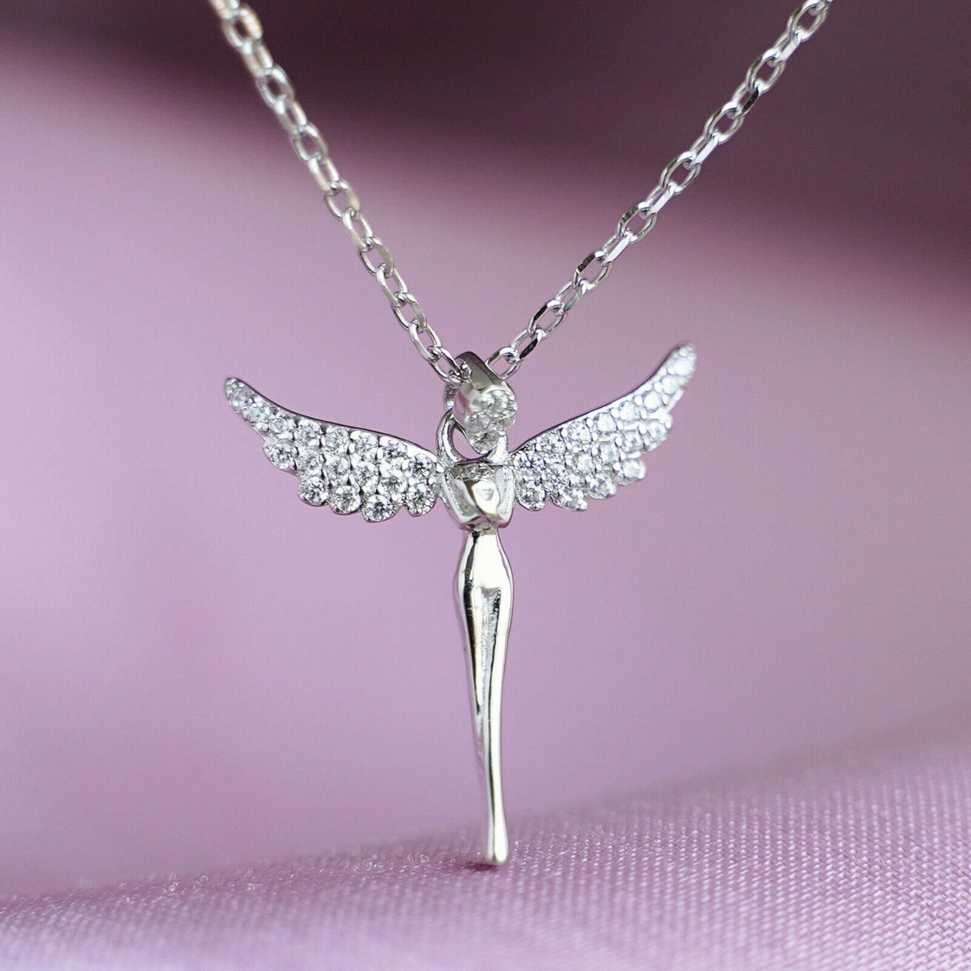 Sterling Silver Angel Paved CZ Wing Feather Cross Pendant Necklace - sugarkittenlondon