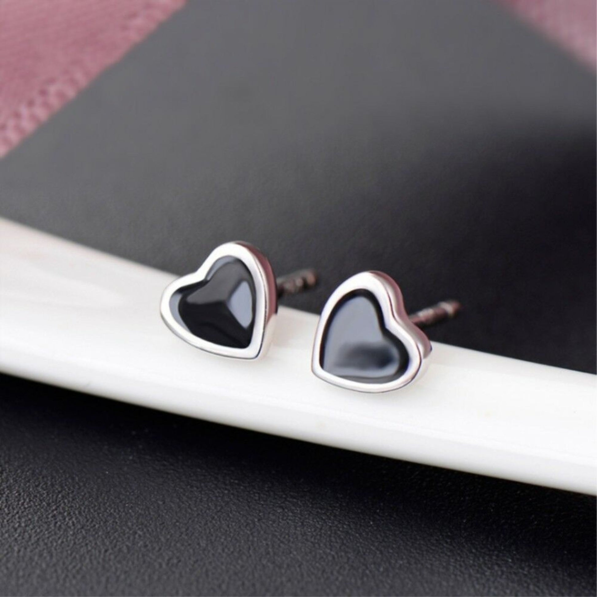 Sterling Silver Small Plain 5mm Black Glazed Love Heart Stud Earrings - sugarkittenlondon