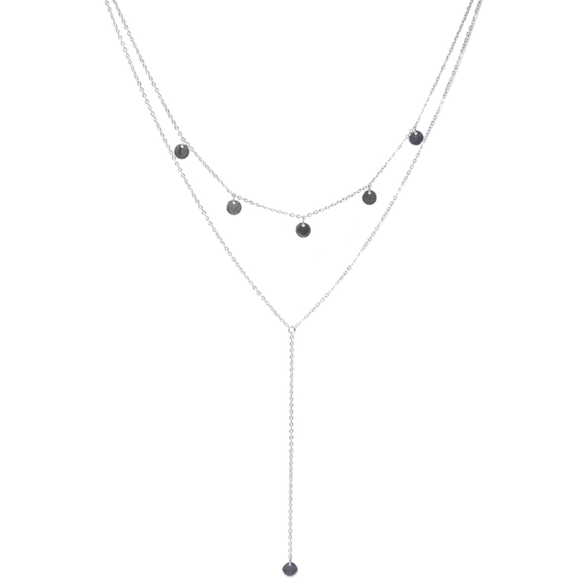 Sterling Silver Double Layered Disc Dot Circle Lariat Choker Necklace - sugarkittenlondon