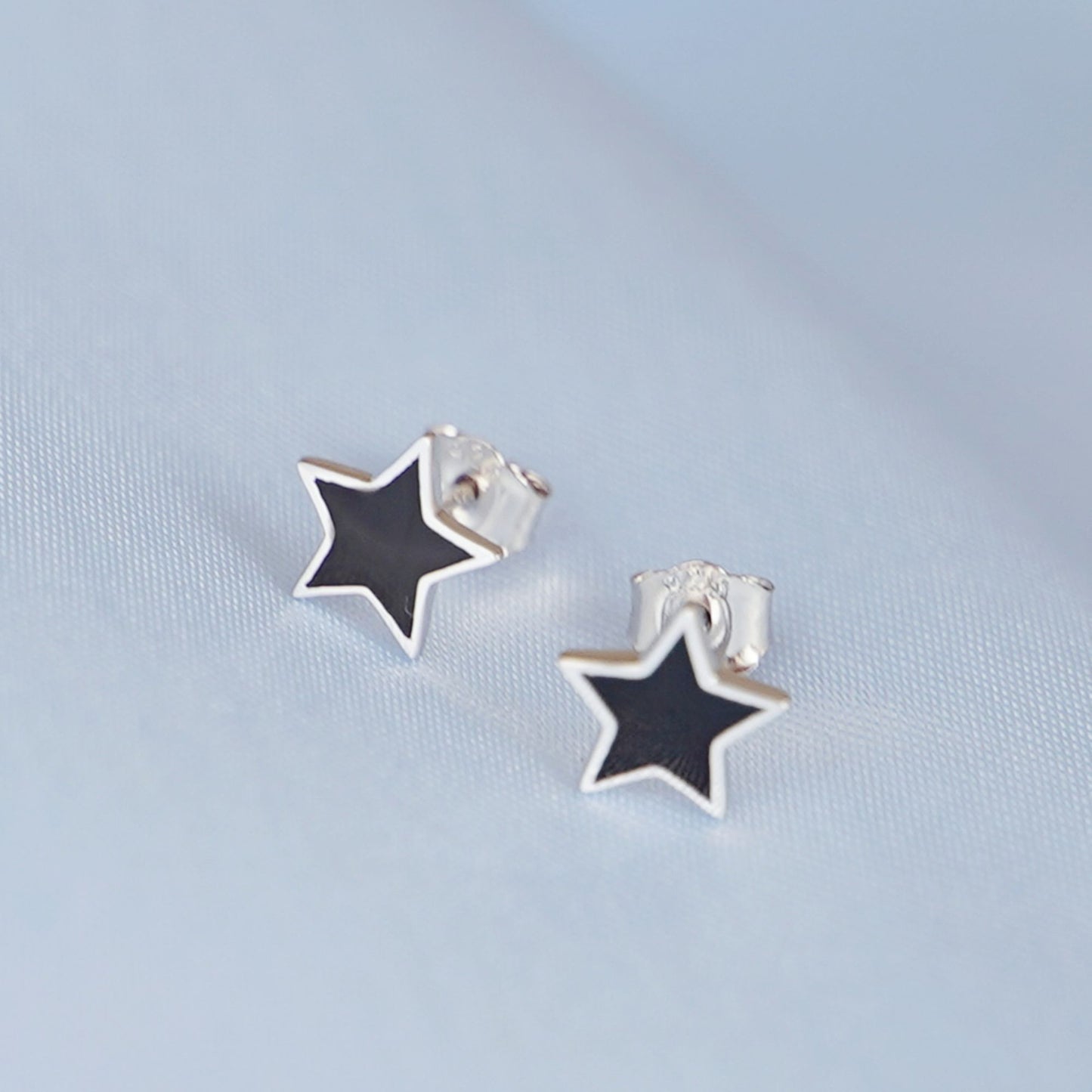 Black Star Stud Earrings in Rhodium Plated Sterling Silver - 8mm Size Earrings - sugarkittenlondon