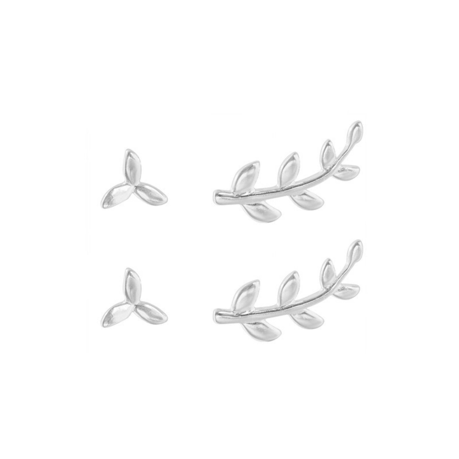 2 Pairs Sterling Silver Asymmetry Leaf Olive Brach Post Stud Earrings Boxed - sugarkittenlondon