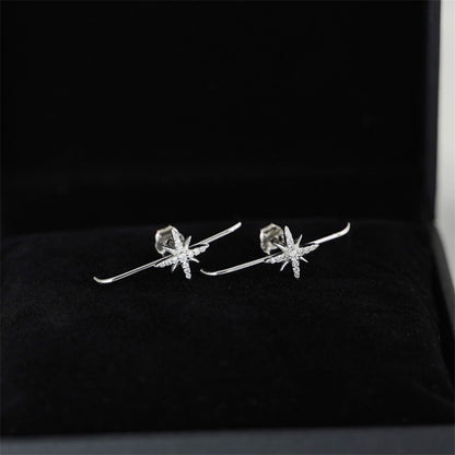 Sterling Silver 9mm North Pole Star Pave CZ Suspender Bar Cuff Stud Earrings