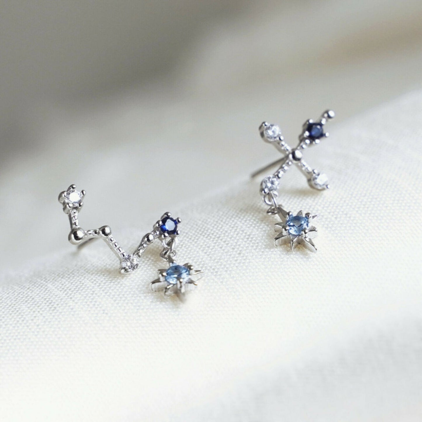 925 Sterling Silver Drop Earrings with Blue Cubic Zirconia Big Dipper Polaris Star and Cross - sugarkittenlondon