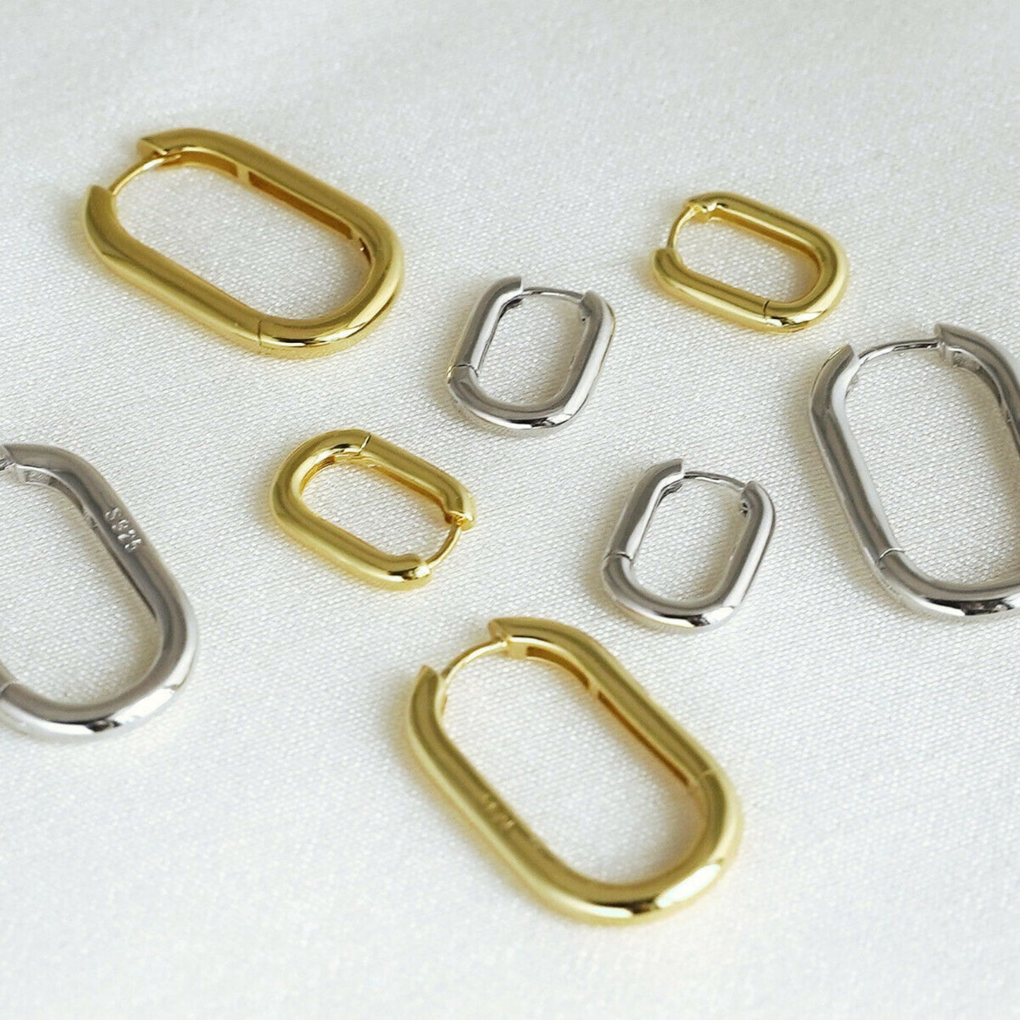 Rhodium on Sterling Silver Plain Oval Square Hoop Earrings (14mm)
