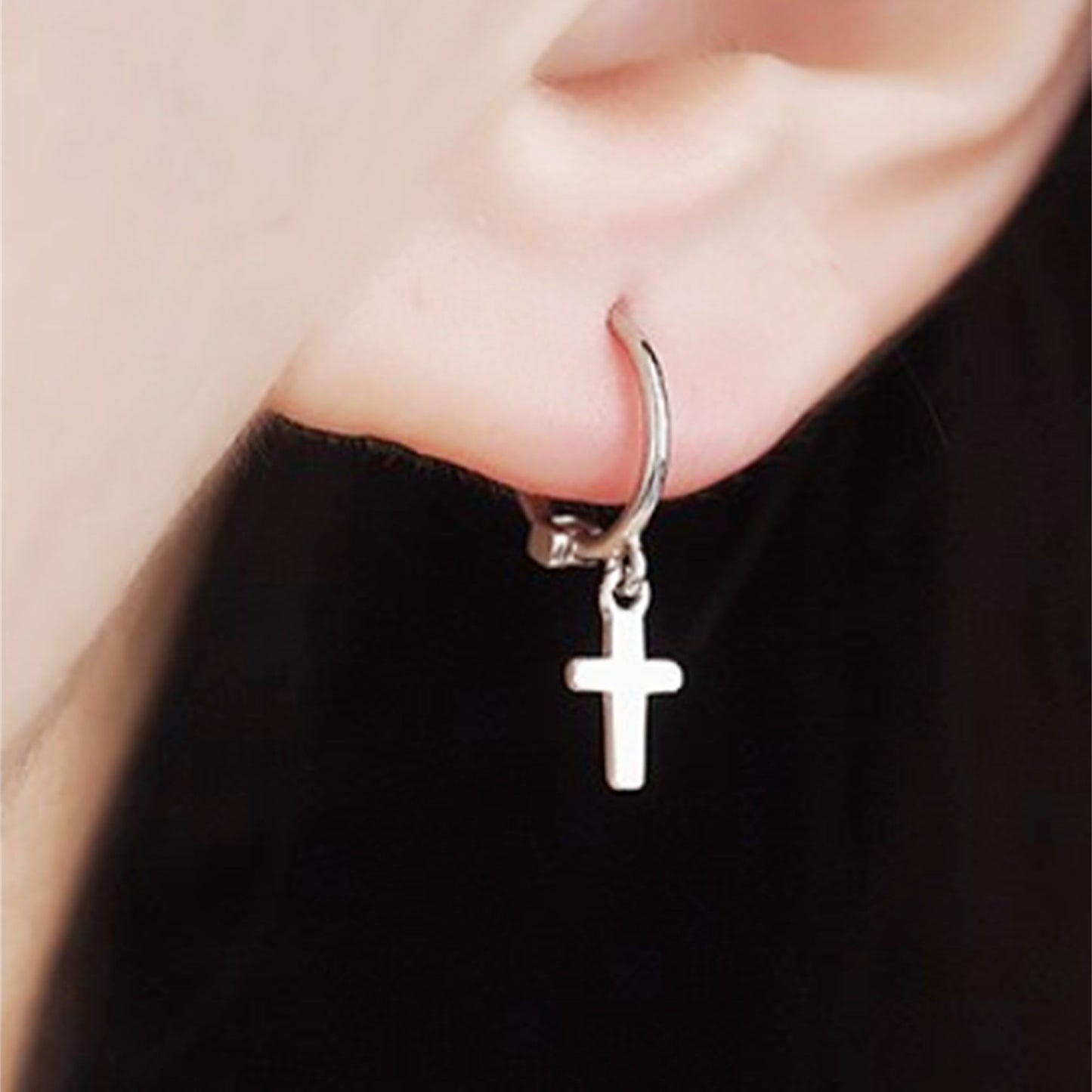 Unisex 8mm Sterling Silver Cross Hoop Earrings with Drop Charm