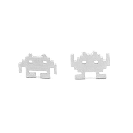 Sterling Silver Brushed Space Invader Aliens Robot Pixel Game Stud Earrings - sugarkittenlondon