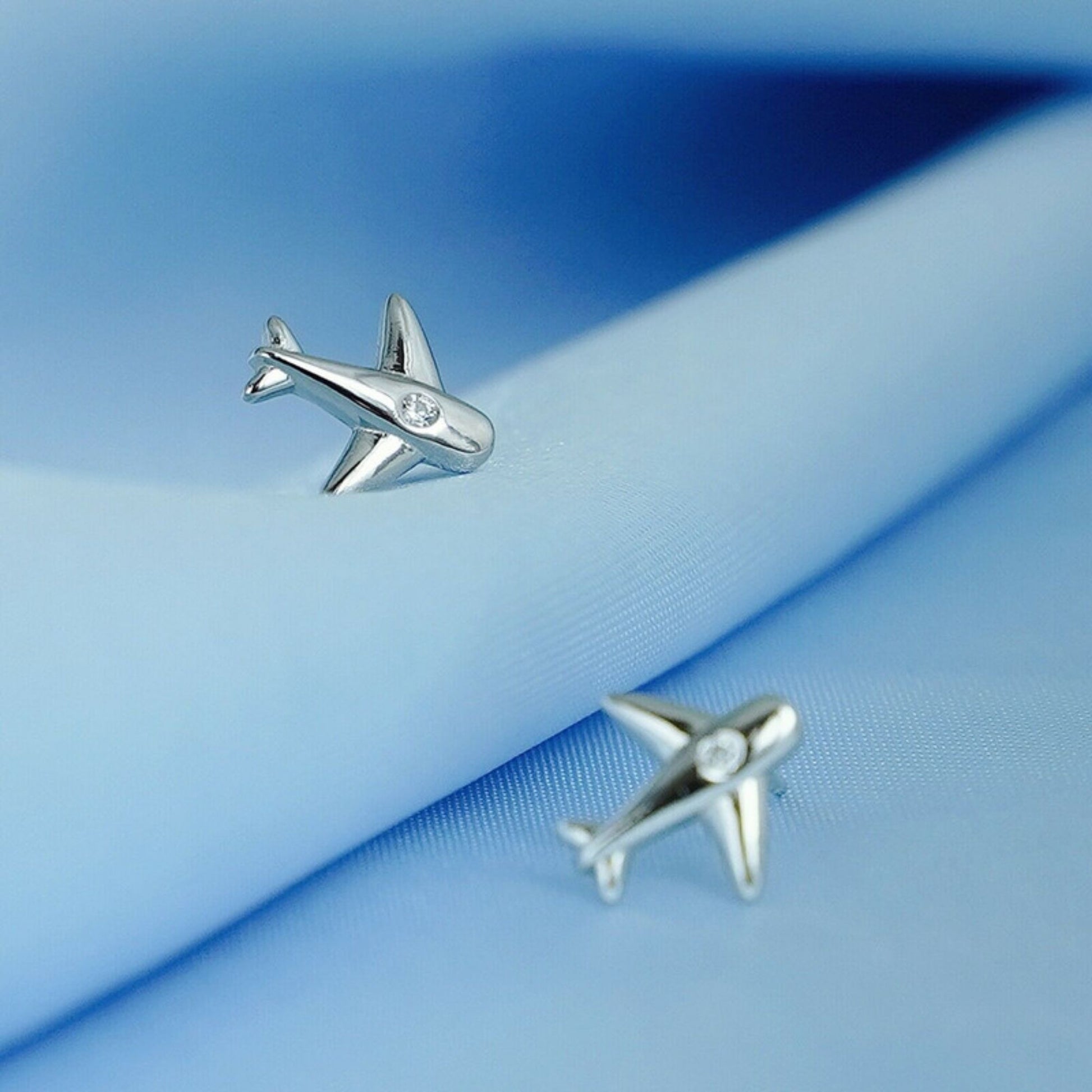 925 Sterling Silver Airplane Stud Earrings with Cubic Zirconia - sugarkittenlondon
