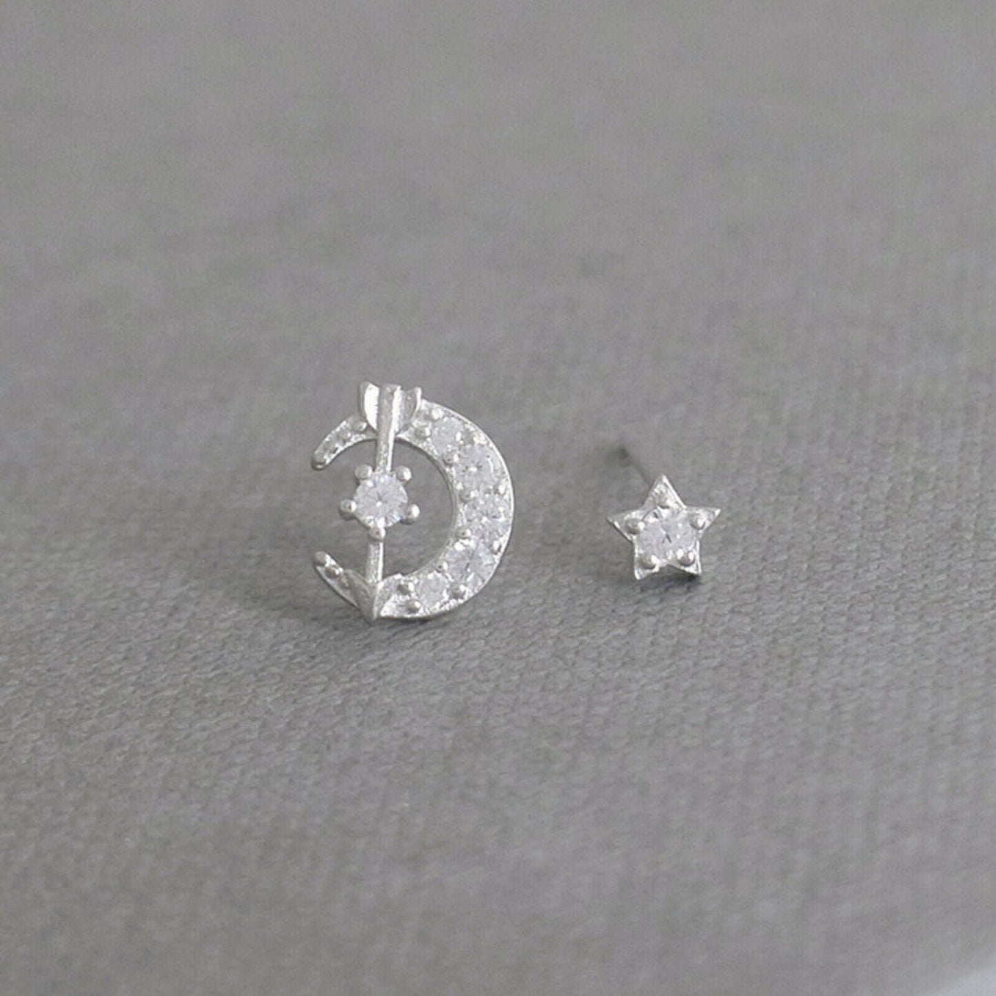 Sterling Silver Moon Star Love Arrow Stud Earrings with CZ Paving and Rhodium Plating