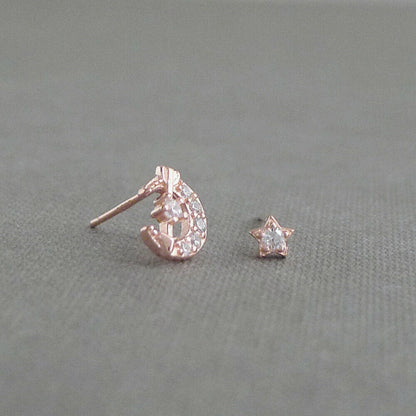 Rose Gold Moon Star Stud Earrings with CZ Love Arrow on sterling silver