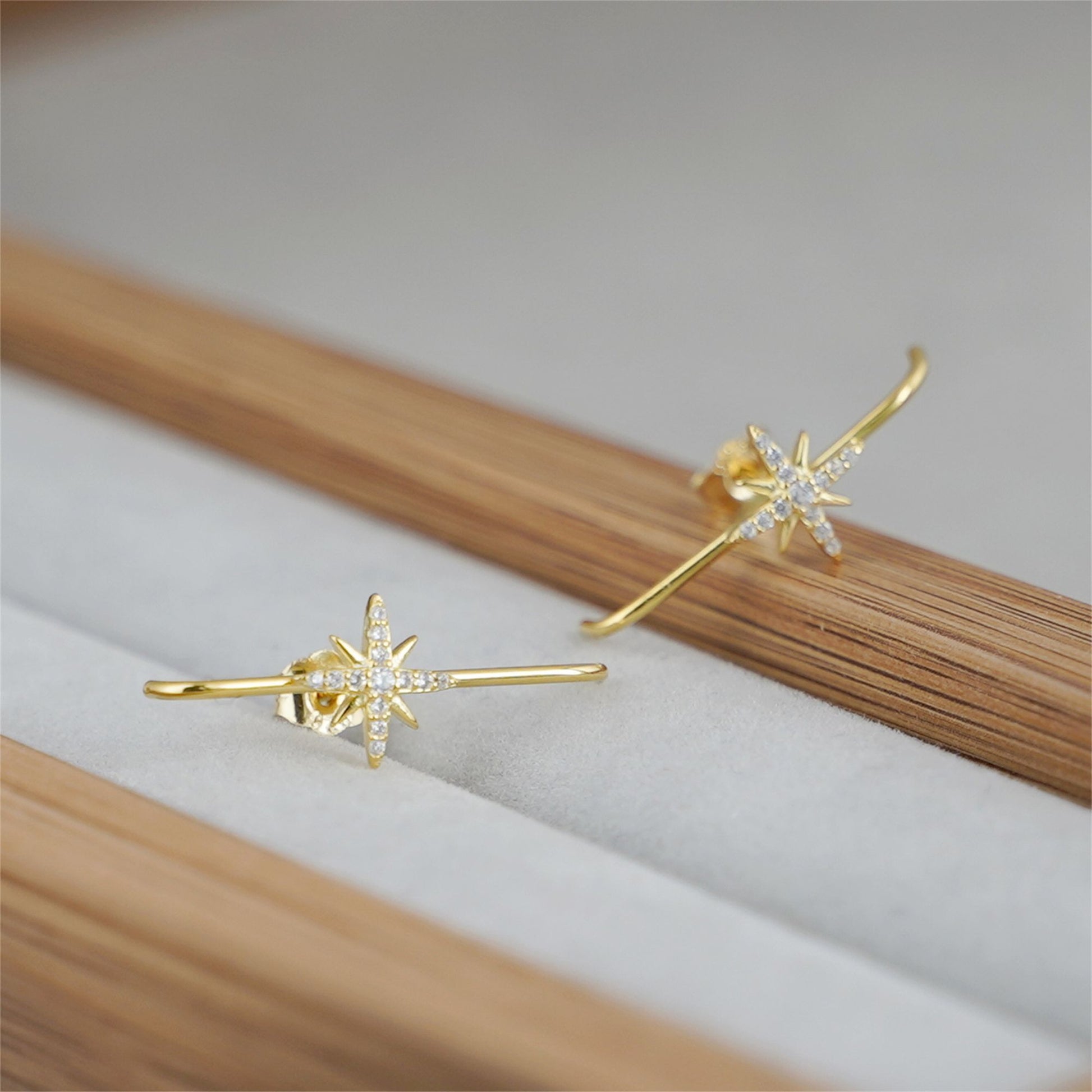 18K Gold on Sterling Silver North Pole Star CZ Suspender Bar Cuff Stud Earrings - sugarkittenlondon