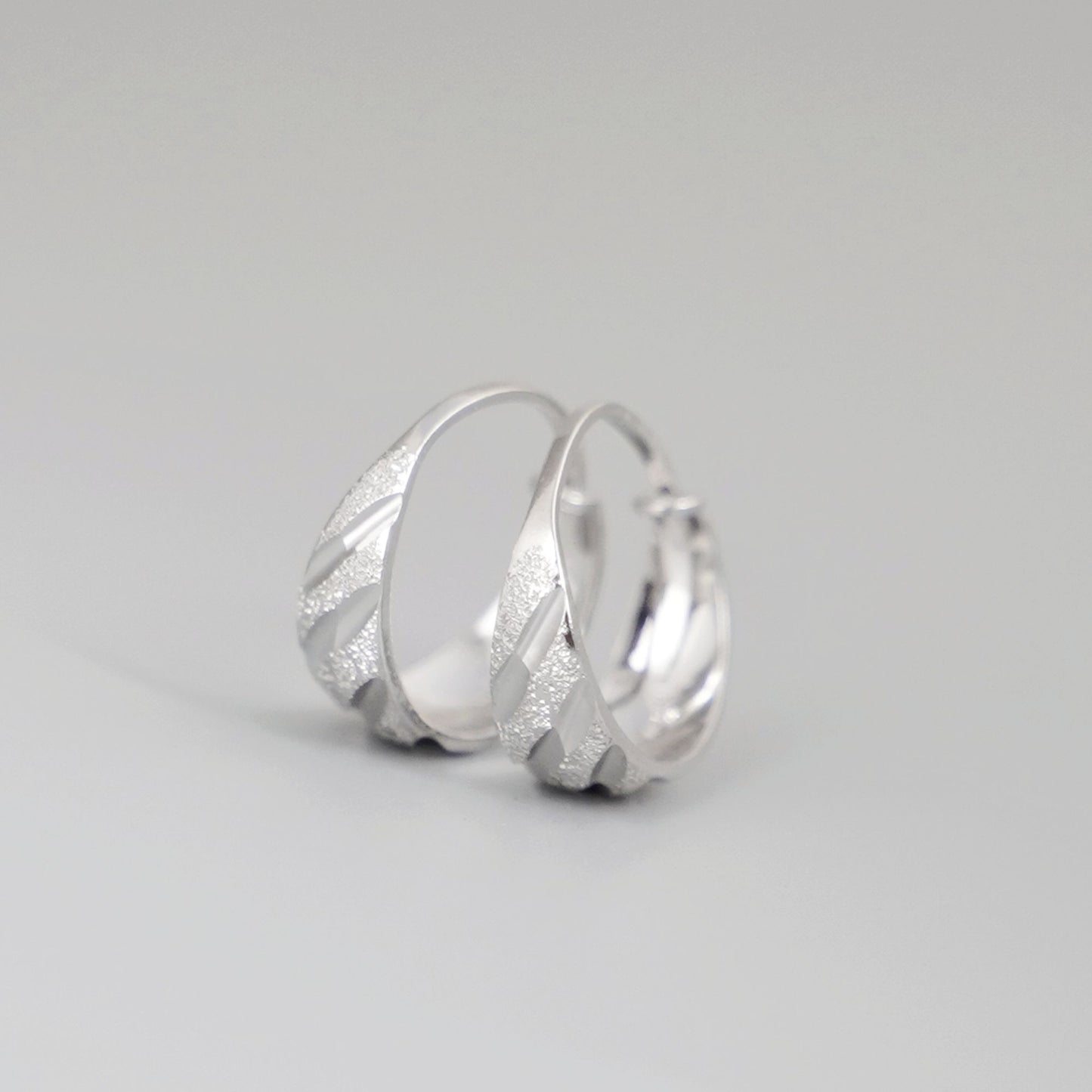 Sterling Silver Wide Diagonal Grooved Sandblasted Dome Sleeper Hoop Earrings - sugarkittenlondon