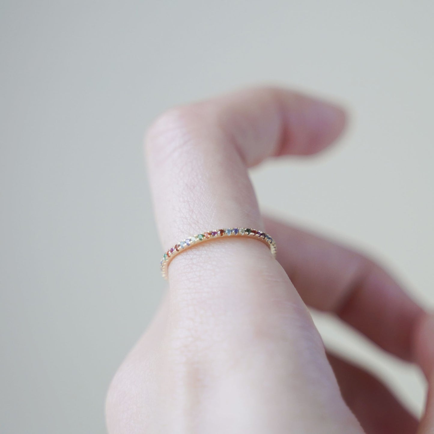 14K Gold on Sterling Silver Full Eternity Rainbow 1mm CZ Crystal Stacking Ring - sugarkittenlondon