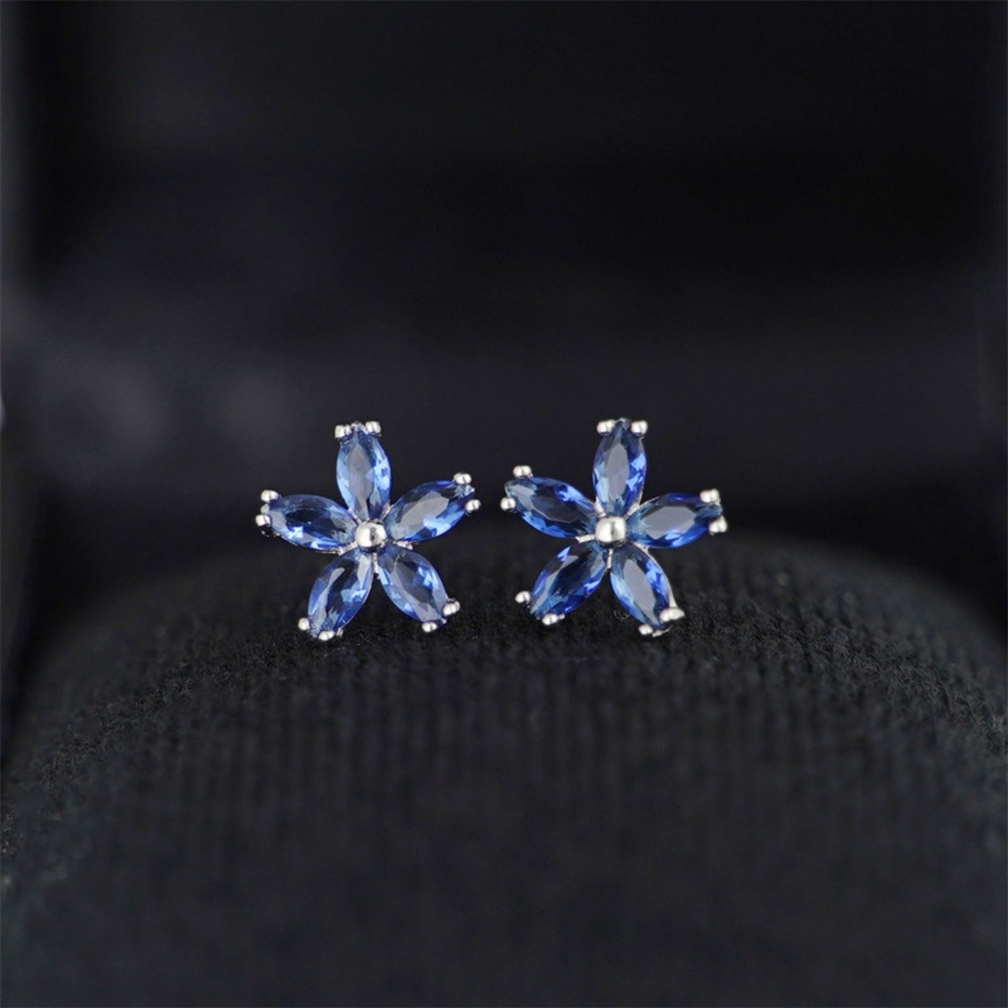 Dark Blue Flower CZ 925 Sterling Silver Square Stud Earrings