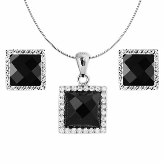 Sterling Silver Necklace and Earrings Set with Natural Black Agate Stone