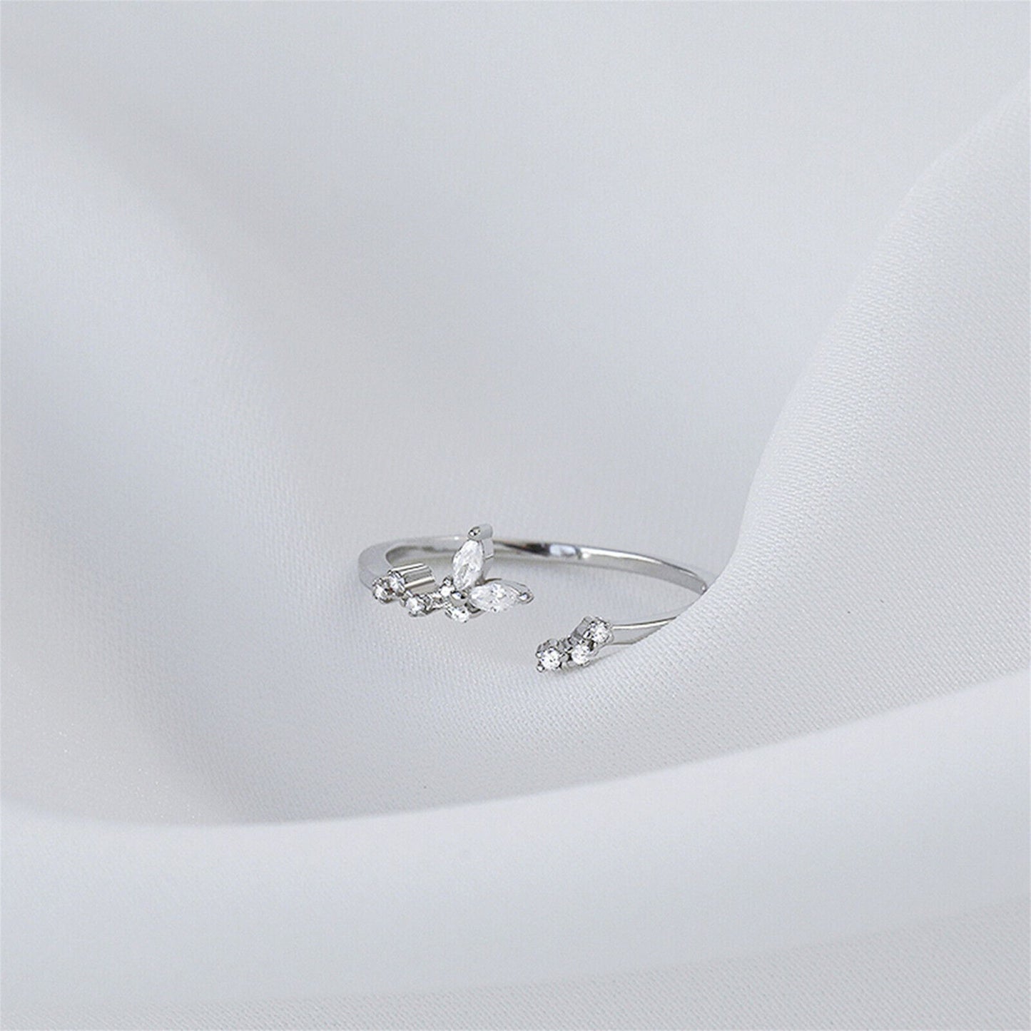 Rhodium on Sterling Silver Sparkling Crystal CZ Butterfly Open End Ring - sugarkittenlondon