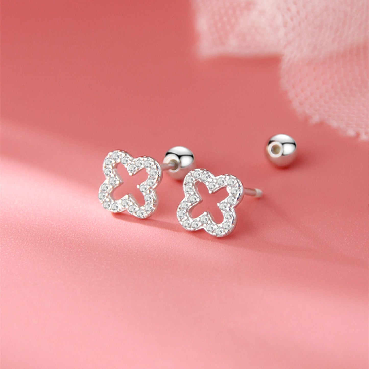 925 Sterling Silver 4 Leaf Clover Pave CZ Bead Ball Screw Back Stud Earrings