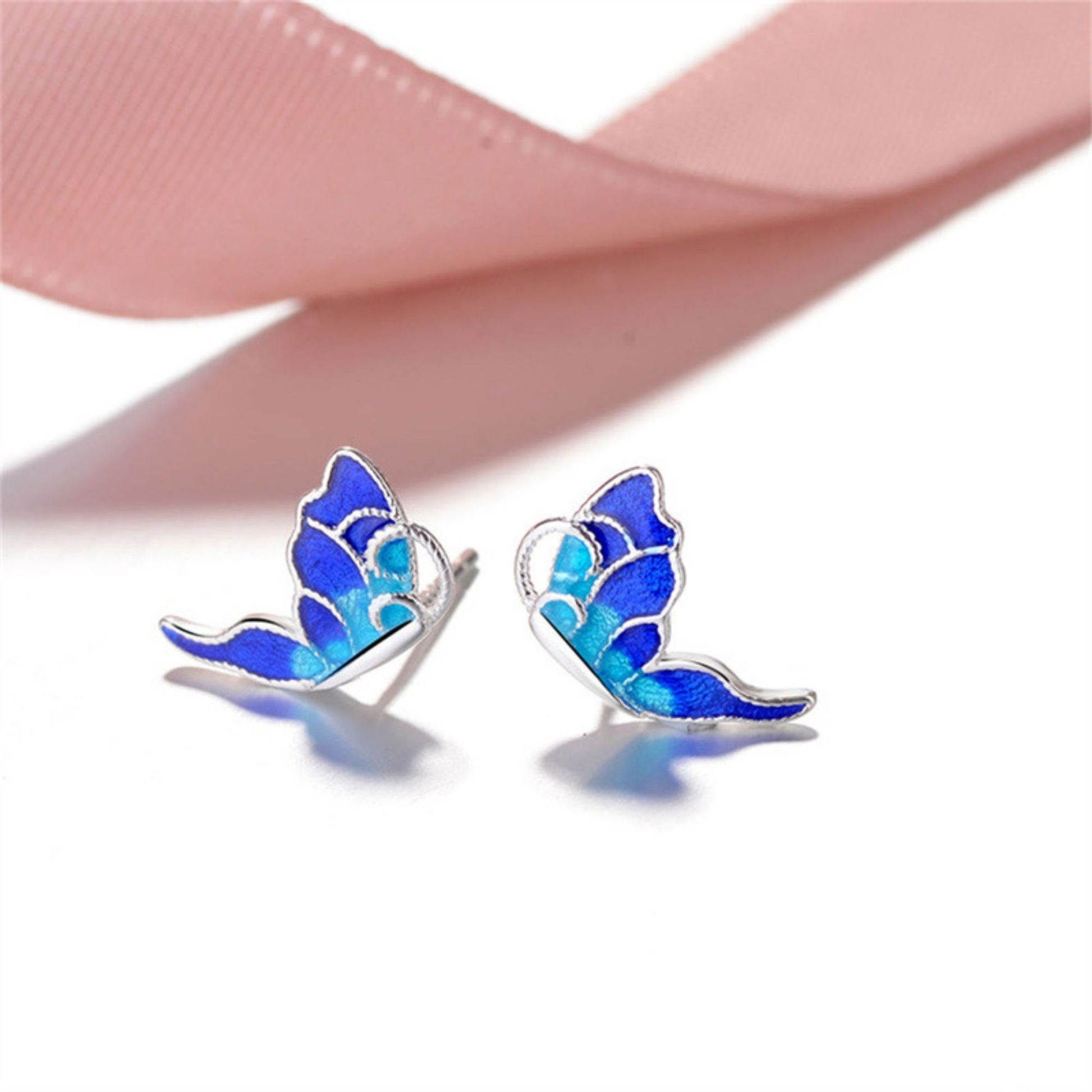 Sterling Silver Blue Enamel Butterfly Stud Earrings Jewellery - sugarkittenlondon