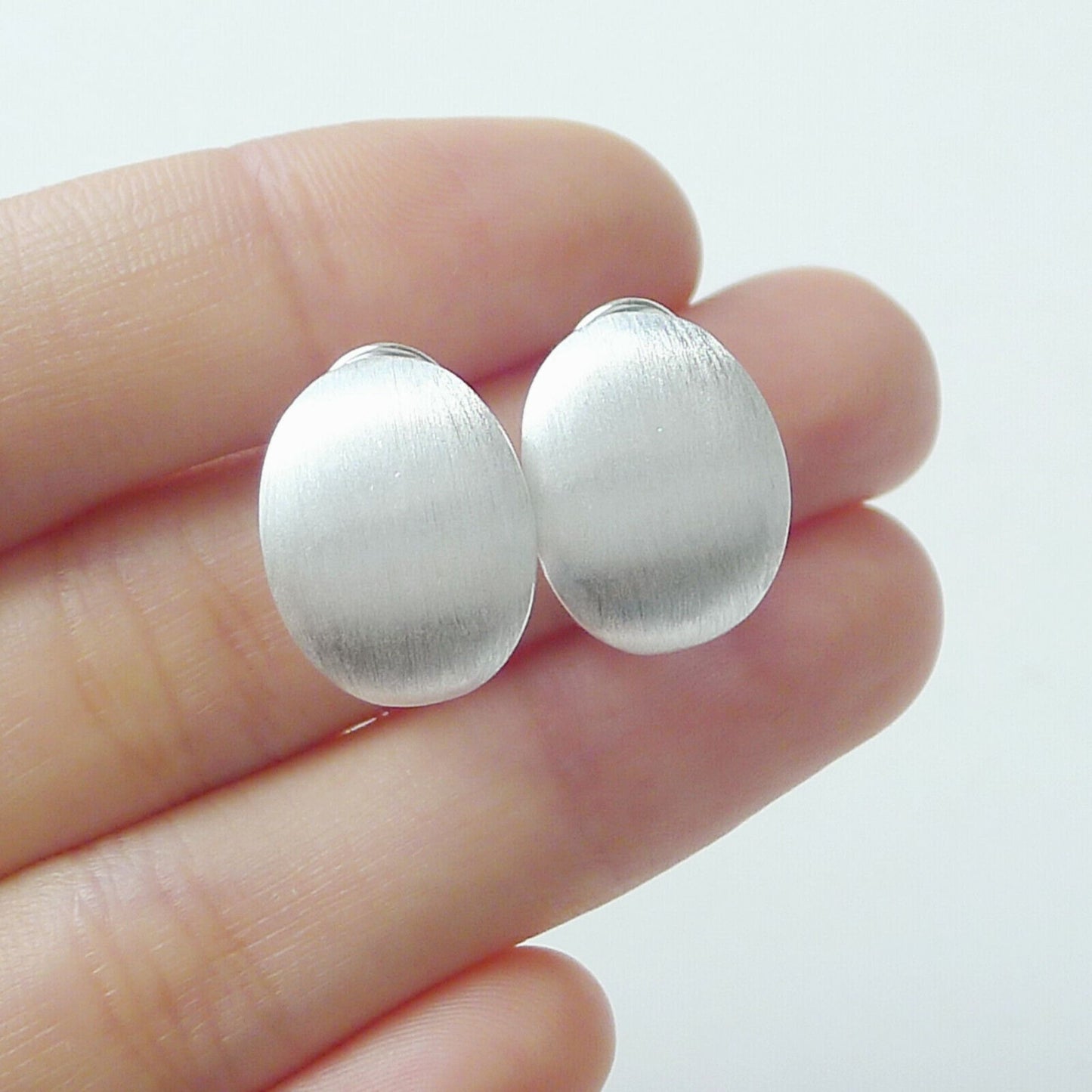 Sterling Silver Omega Back Earrings with Plain Brushed Oval Dome Petals - sugarkittenlondon
