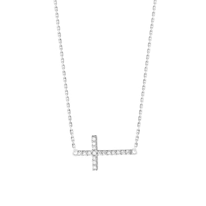 Sterling Silver Sideways Cross Micro Pave CZ Horizontal Pendant Necklace - sugarkittenlondon