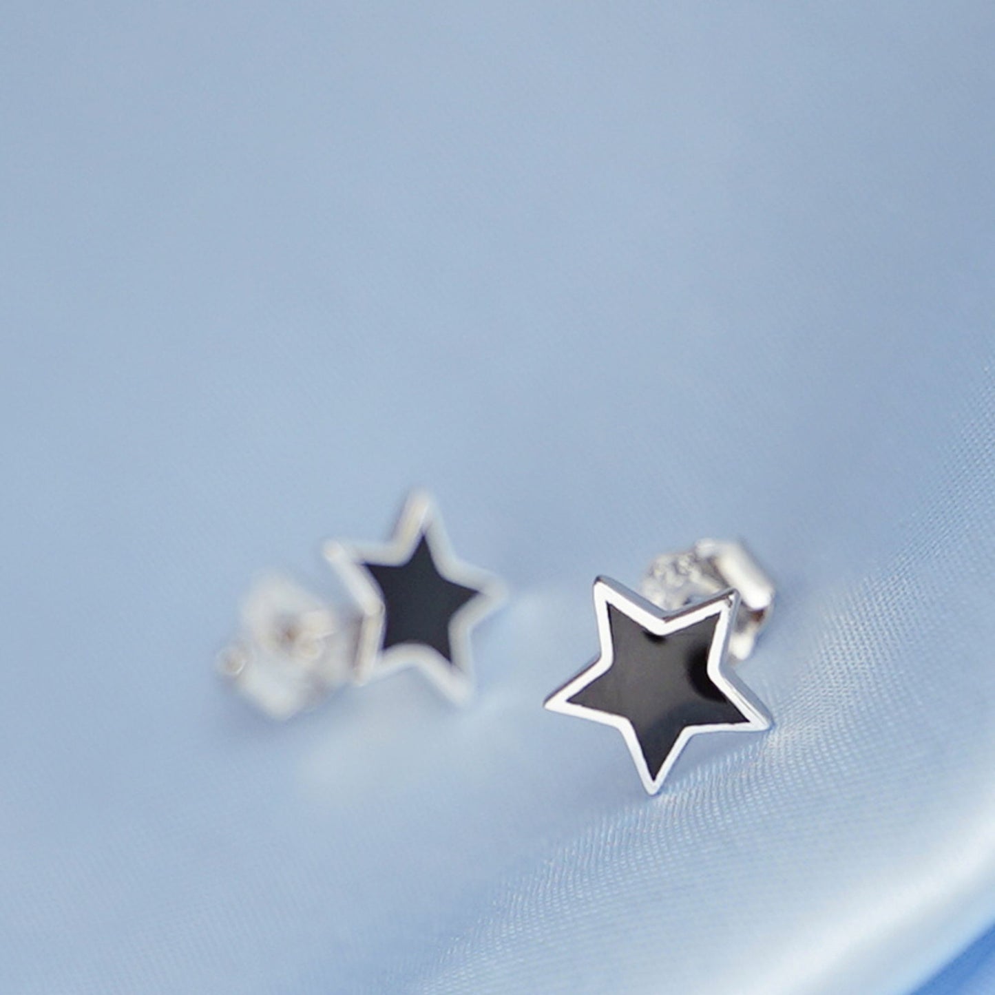 Rhodium on Sterling Silver 8mm Star Black Glazed Plain Stud Earrings Boxed - sugarkittenlondon