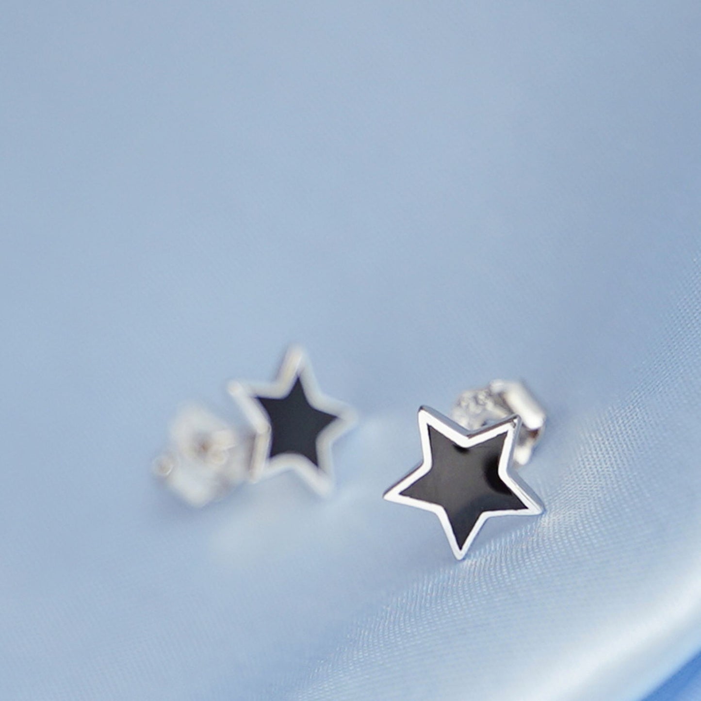 Black Star Stud Earrings in Rhodium Plated Sterling Silver - 8mm Size Earrings - sugarkittenlondon