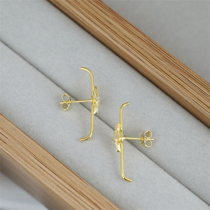 18K Gold on Sterling Silver North Pole Star CZ Suspender Bar Cuff Stud Earrings