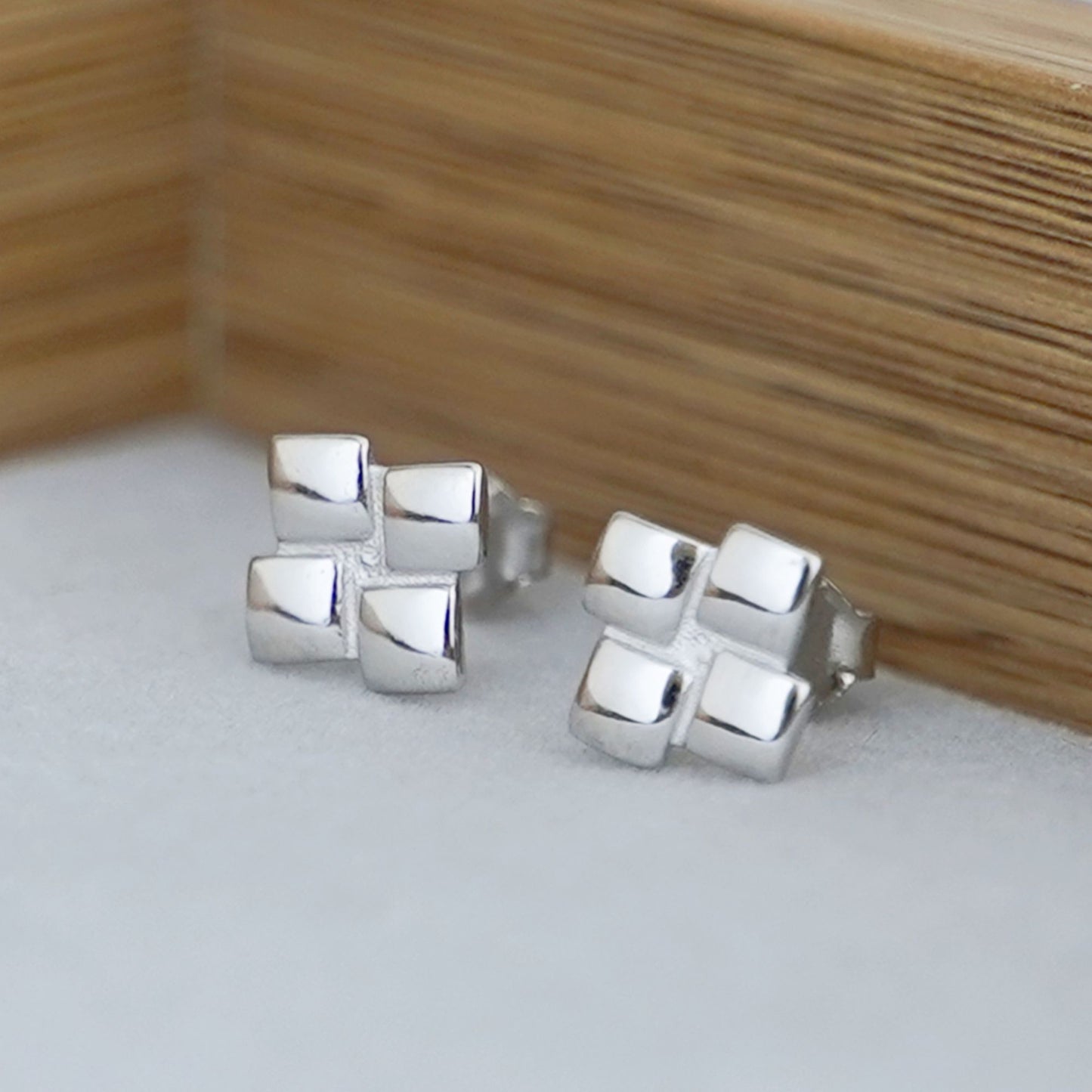 Sterling Silver Square Stud Earrings Shiny Polished Puffy Four Cubes Geometric - sugarkittenlondon