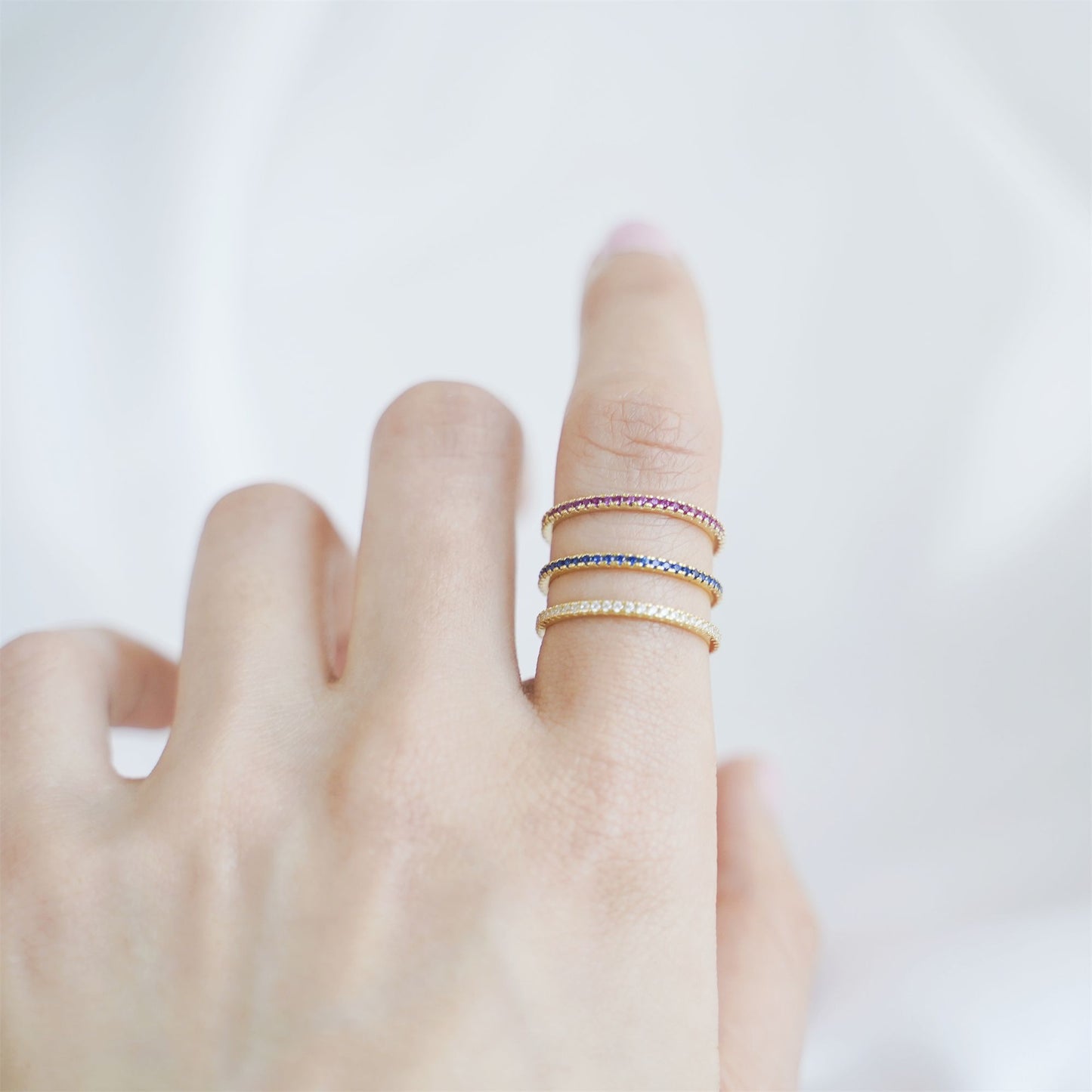 14K Gold Sterling Silver CZ Eternity Ring in White, Magenta, and Navy - sugarkittenlondon