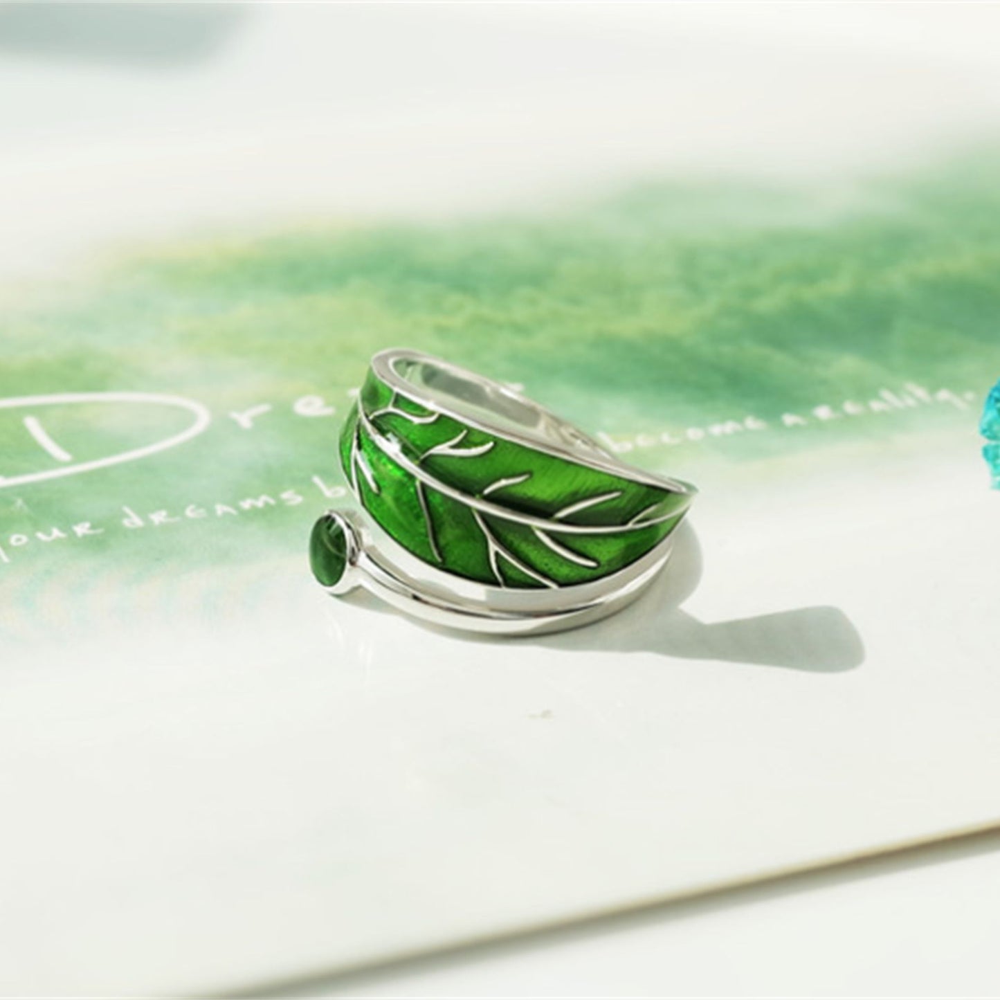 Sterling Silver Glazed Green Tree Leaf Dot Wrap Open Band Ring - sugarkittenlondon