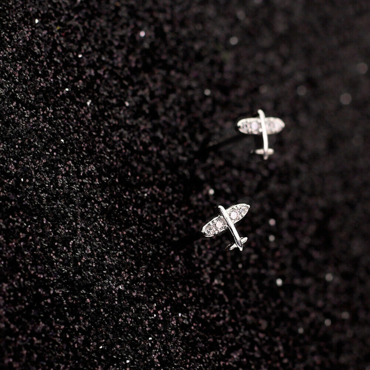 Mini CZ Airplane Stud Earrings in Sterling Silver with Rhodium Plating