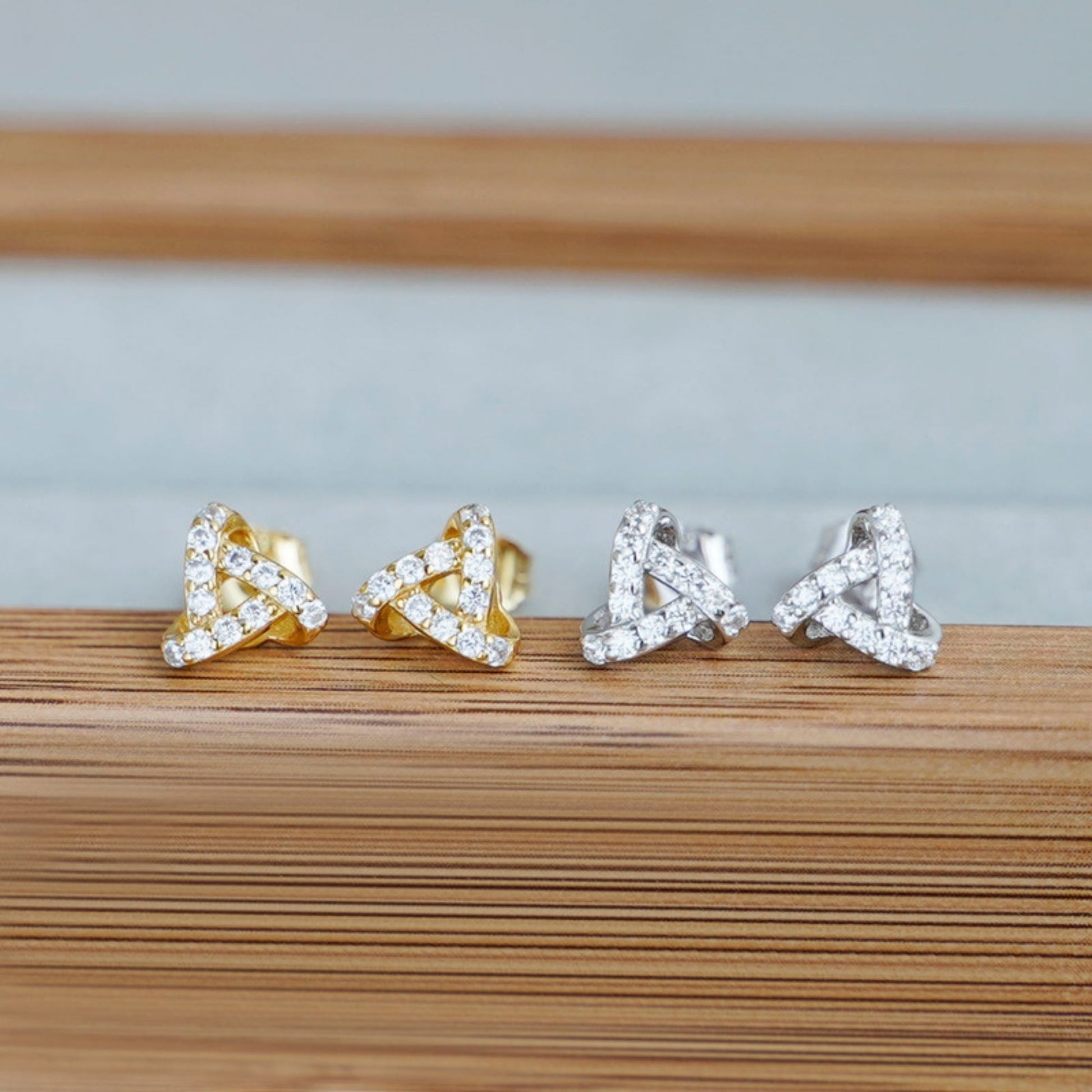 18K Gold on Sterling Silver Cubic Zirconia Micro Pave Triple Knot Stud Earrings - sugarkittenlondon