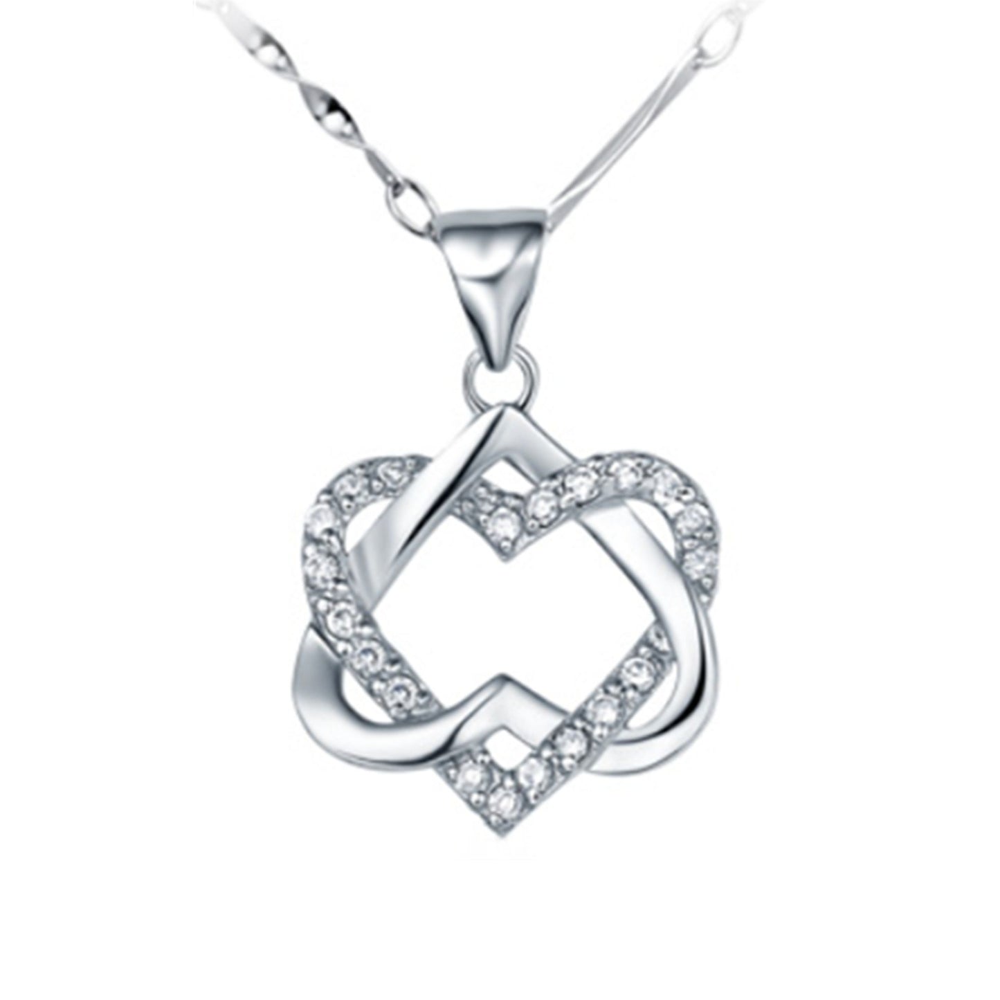 Sterling Silver CZ Double Floating Twisted Knot Love Heart Necklace Infinite - sugarkittenlondon