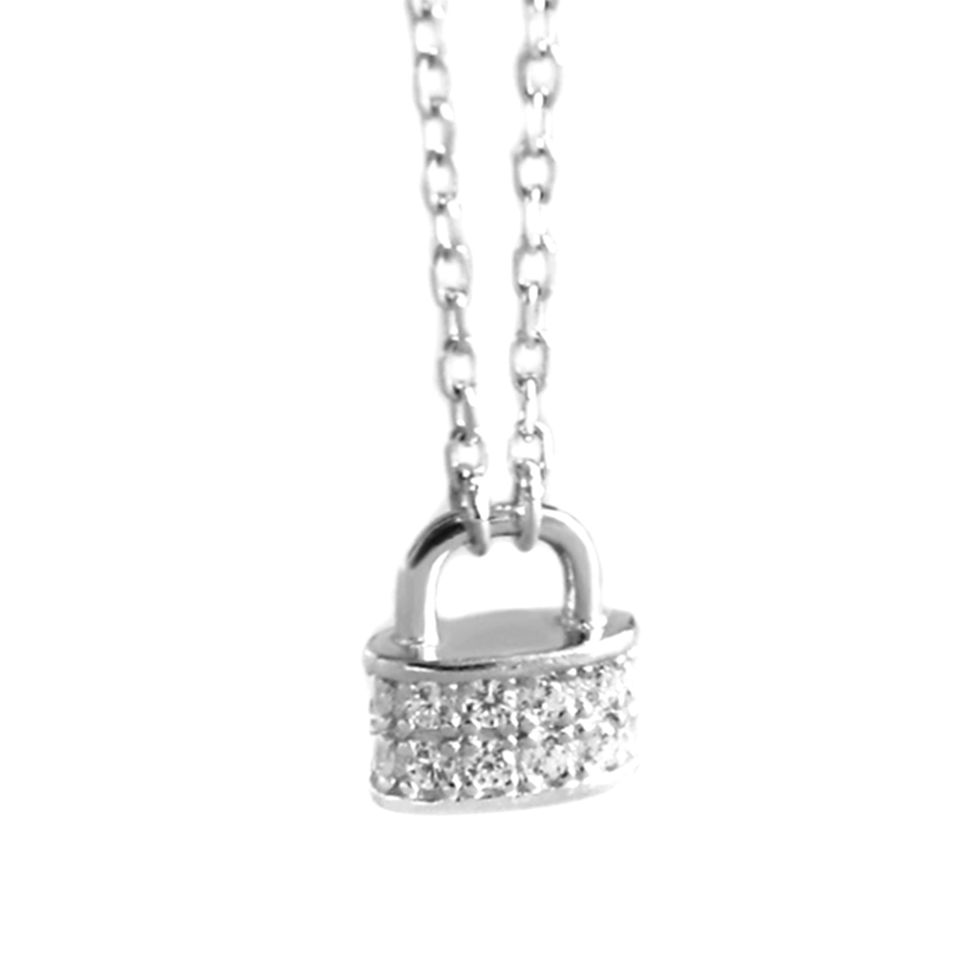 Sterling Silver Cz Paved Padlock Petite Lock Charm Pendant Necklace - sugarkittenlondon