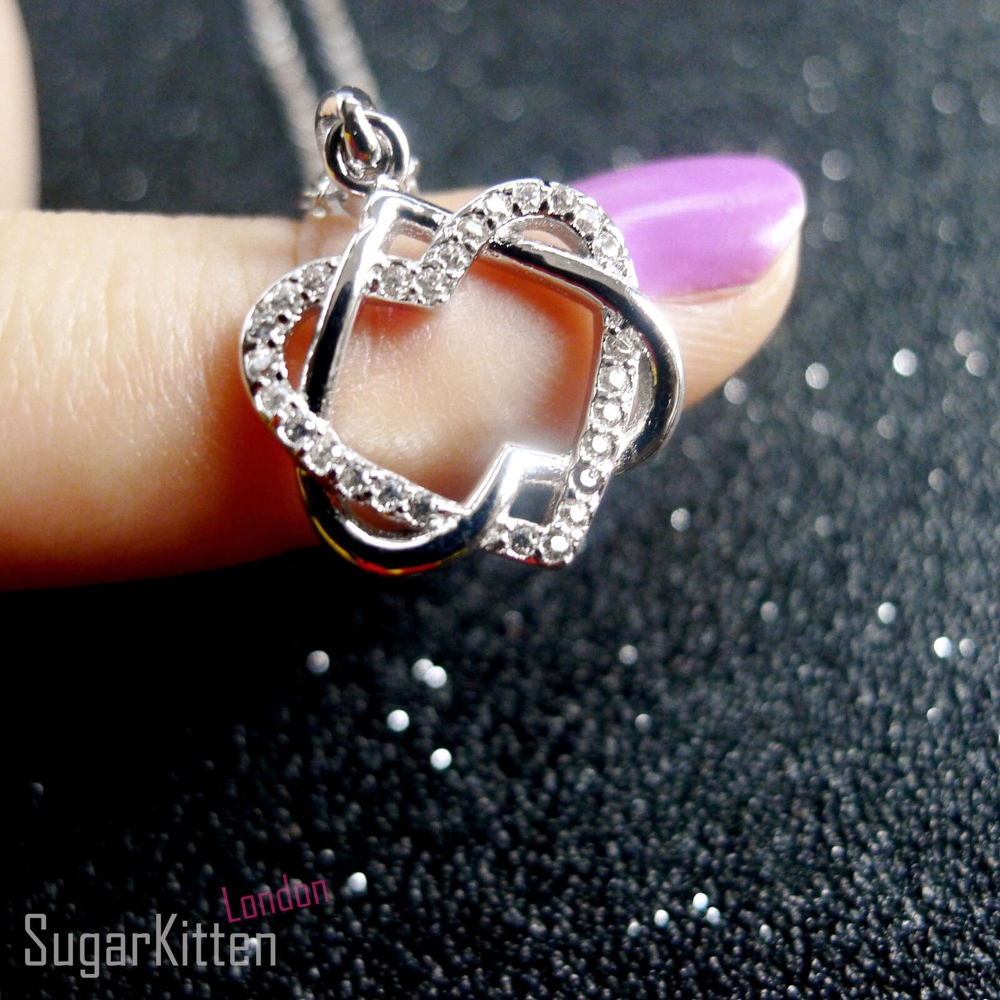 Sterling Silver CZ Double Floating Twisted Knot Love Heart Necklace Infinite - sugarkittenlondon