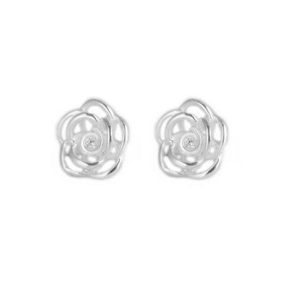 925 Sterling Silver Rose Flower 3D Hollow Stud Earrings with CZ - Gift Boxed