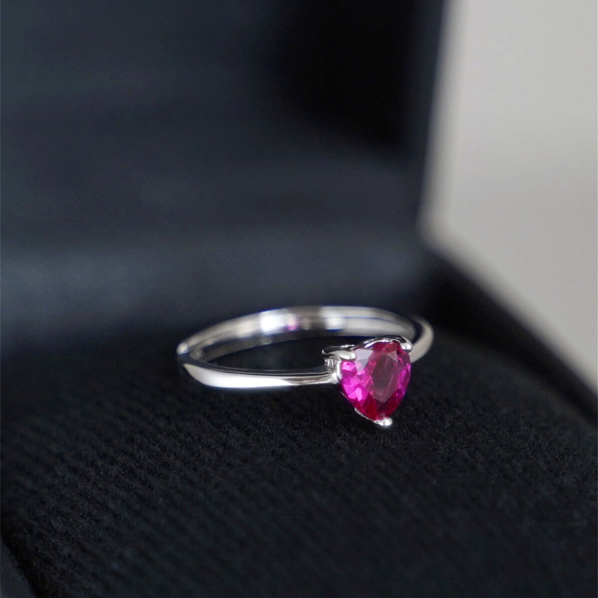 Rhodium on Sterling Silver Solitaire Heart Shaped Cut Magenta CZ Sizable Ring - sugarkittenlondon