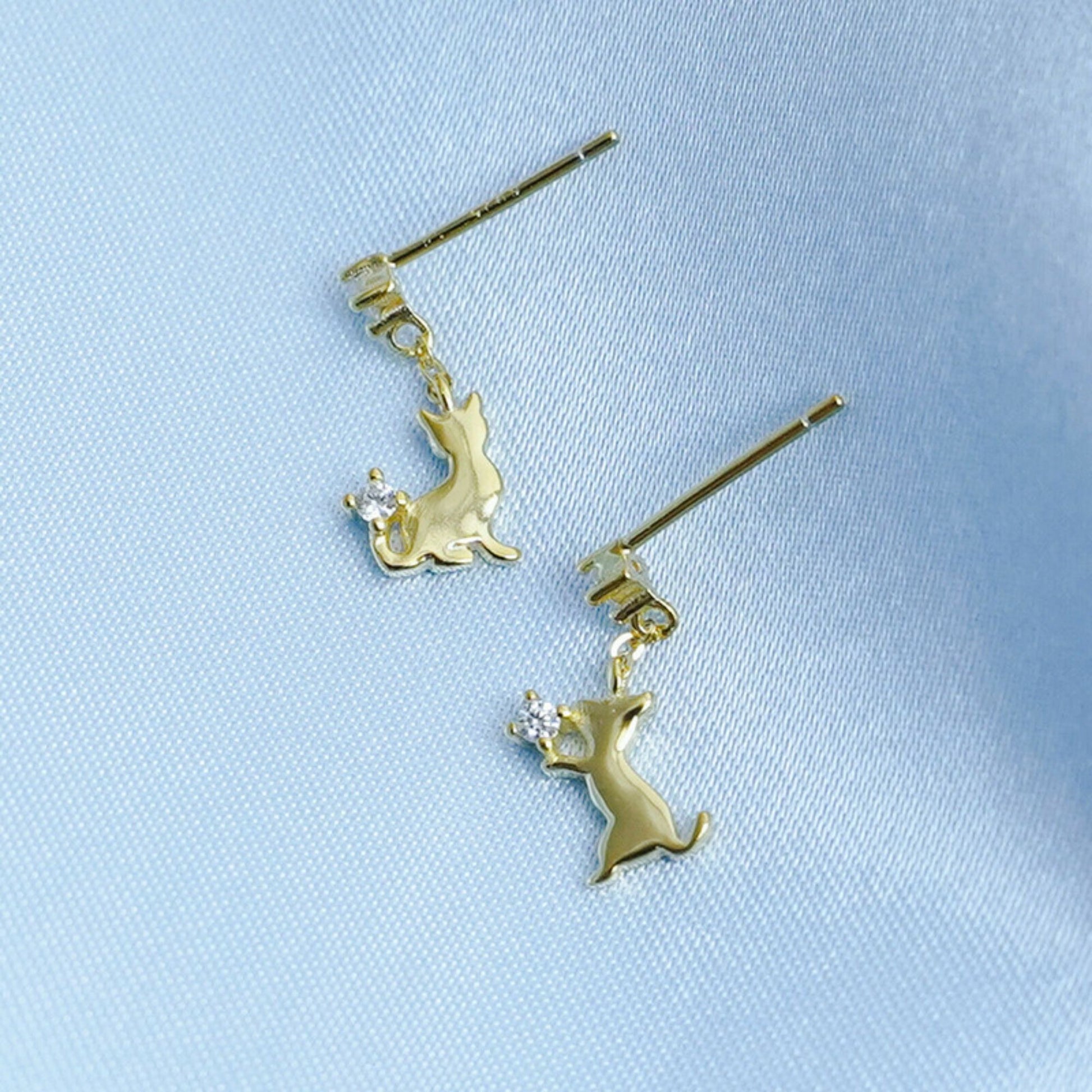 18K Gold Plated Sterling Silver Kitten Drop Stud Earrings with CZ - sugarkittenlondon